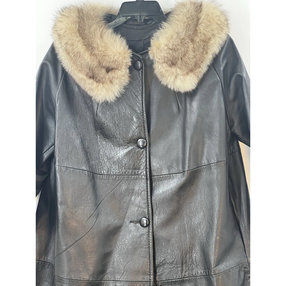 VTG Peter Caruso Mob Wife Leather Fur Collar Coat Womens XL Vintage Glam Luxury - Picture 2 of 15